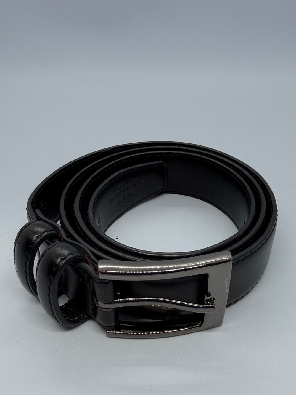 Men’s Black Leather Belt with Polished Silver Buckle